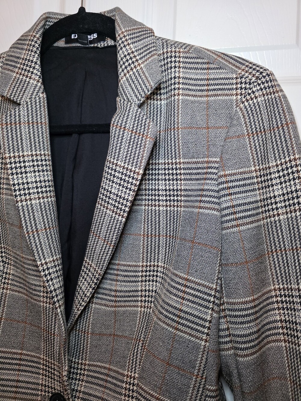 Express Blazer Womens Sz 4 Gray Plaid Check One Button Work Jacket Career - Picture 2 of 13